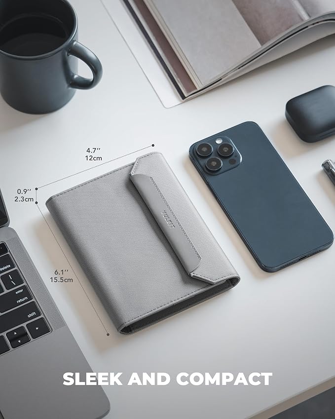 VULKIT Passport Wallet with Detachable AirTag Holder, Vegan Leather Passport Holder, RFID Blocking, Travel Essential, Magnetic Closure, Grey