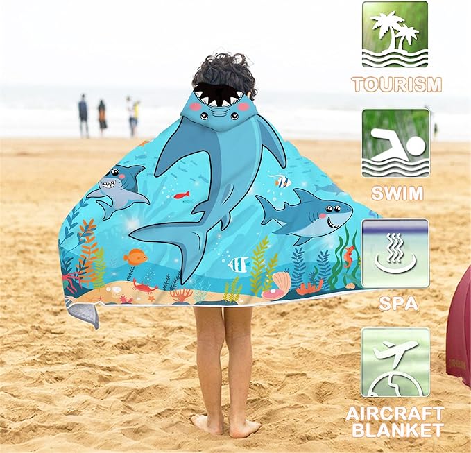 Bonsai Tree Shark Hooded Beach Towel for Kids, Cool Ocean Fishes Bath Towel with Hood for Boys, Funny Sea Animals Microfiber Super Absorbent Soft Poncho Bathrobe for Swin Pool 30”x50”
