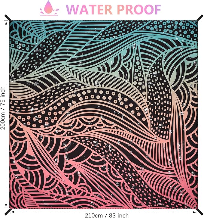 Beach Blanket Waterproof Sandproof Beach Mat for 1-8 Adults Quick Drying Durable Outdoor Picnic Mat for Beach Festival Travel Camping Hiking (Gradiant BK-Ripple, 79"×83"(4 Person))