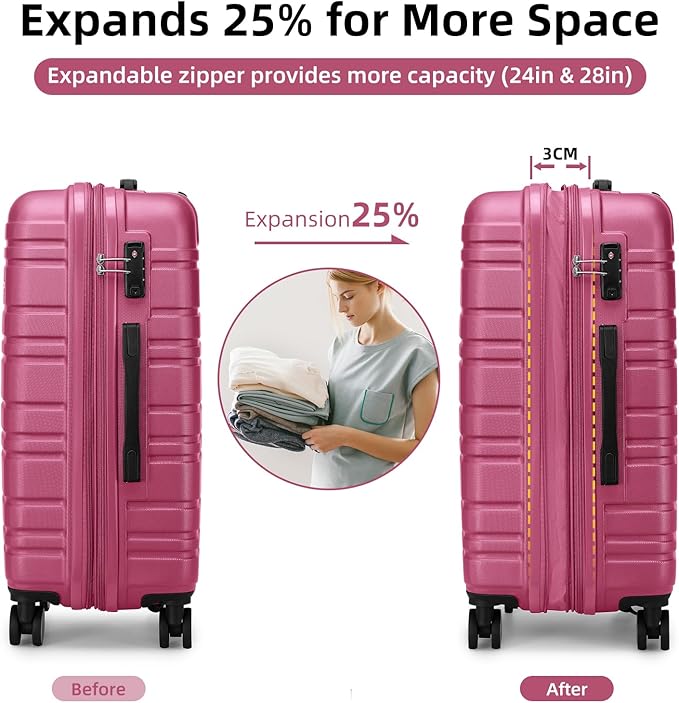 LARVENDER Luggage Sets 6 Piece, Expandable Hardside Carry on Suitcase Set with Spinner Wheels, Lightweight Rolling Luggage Sets for Women with TSA Lock, Hot Pink
