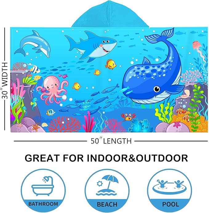 Bonsai Tree Blue Sea World Hooded Beach Towel for Kids, Cute Bath Towel with Hood, Boy Microfiber Super Absorbent Soft Poncho Bathrobe for Swin Pool 30”x50”