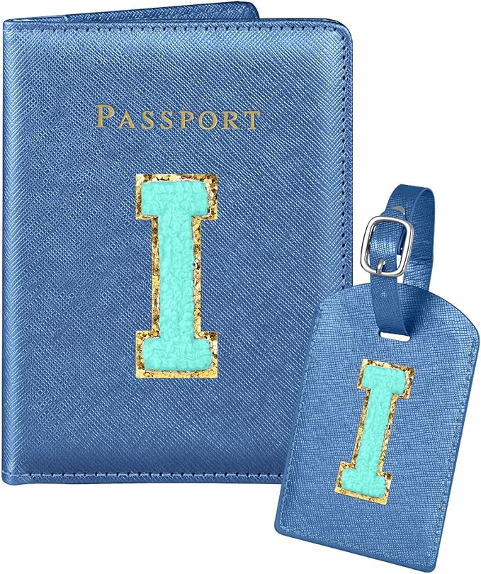 Slohif Passport Holder Initial Lugguage Tag Set Suitcase Cover Wallet Case for Travel Women - Leather Letter Passport Book Personalized Organizer Card Protector Sleeve Essentials Slim Carrier Blue I