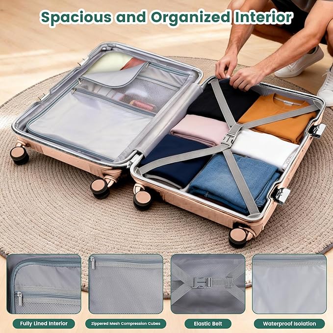 24-Inch Aluminum Frame Checked Luggage, Expandable Hard Shell Spinner Suitcase with Front-Open Pocket, USB Port, Phone Holder & Cup Holder for Men & Women Travel, Pink