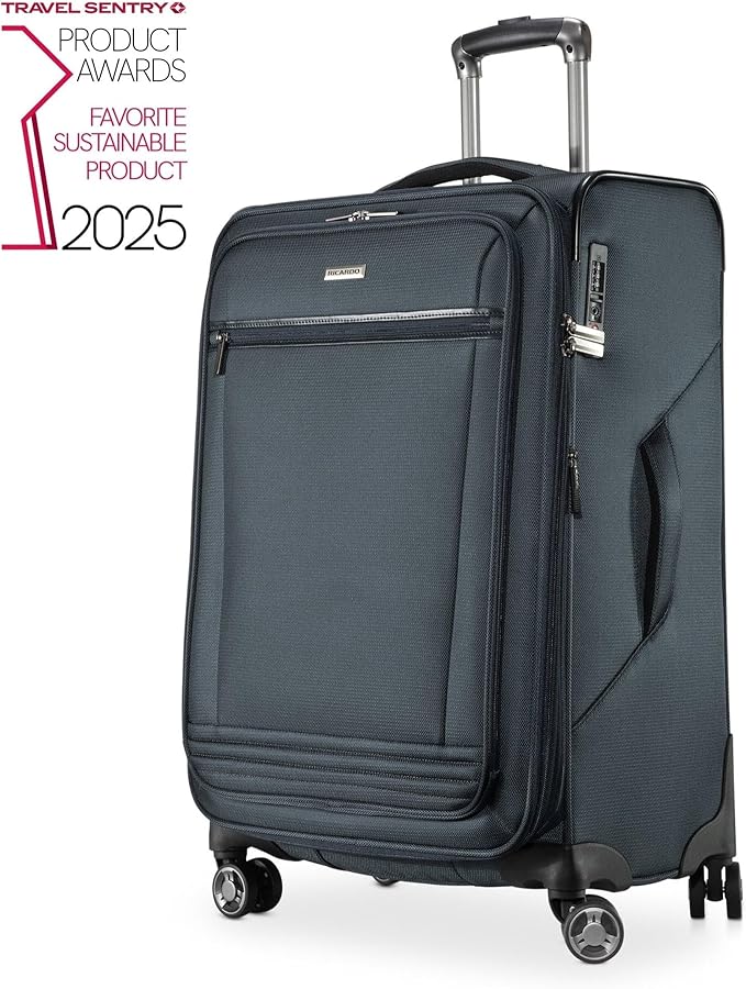 Ricardo Beverly Hills Avalon Softside Medium Check-In Luggage Made with Sustainable 100% Recycled PET (rPET), Lightweight, Eco-Friendly Travel, Expandable, Dual Spinner Wheels, Storm Blue, 24-inch