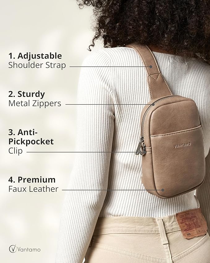 Vantamo Sling Bag for Women Adjustable Strap, RFID & Anti-Pickpocket Clip Cross Body Bags for Women, PU Leather Pack