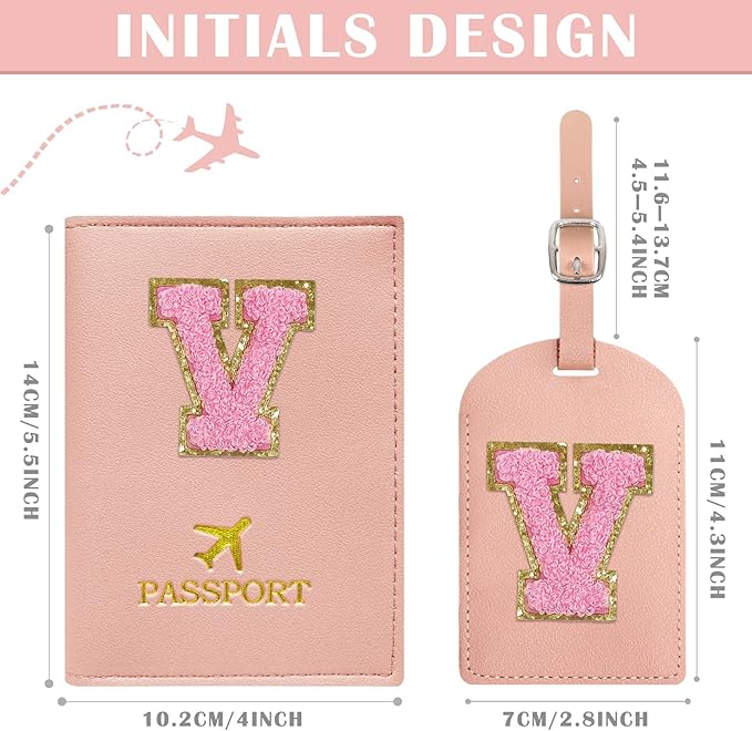 COSHAYSOO Initial Passport Cover Luggage Tag Set Letter Passport Holder Airplane Cruise Travel Essentials Vacation Traveling Accessories Personalized Gifts for Women Teen College Girls Pink V