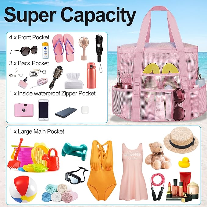 Mesh Beach Bags for Women - Family Beach Tote Bag for Toys, Towels, Travel Vacation Cruise Essentials