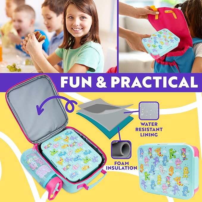 Get Trend Care Bears Lunch Bag, Lunch Box, Water Bottle for Kids 3 Piece Set Bento Box, Insulated Snack Container, Meal Holder Gifts for Kids (Multi Care Bears)