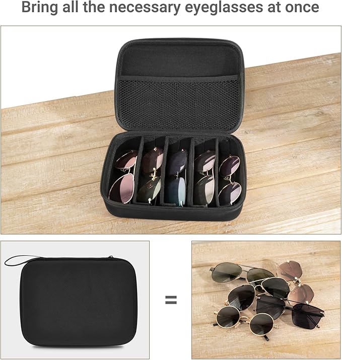Mkono Travel Sunglasses Organizer Glasses Case Multiple Pairs with Adjustable Slots Portable Eyeglasses Case Storage Box for Men Women, Medium, Black