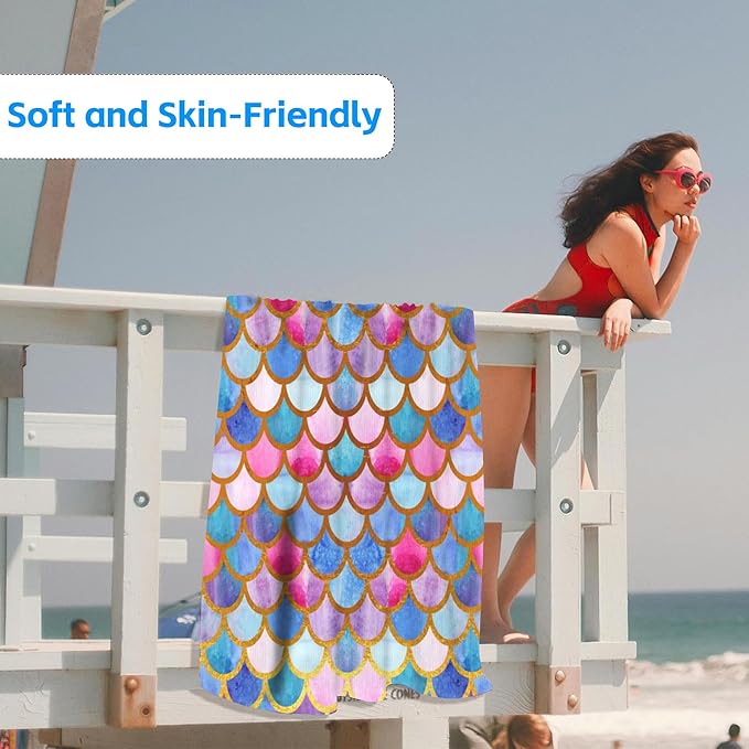 Beach Towel,Watercolor Mermaid Golden Fish Scales Lightweight Compact Sand Free Quick Dry Oversized Pool Swimming Towels for Girls Women Adults,29.5"×59"