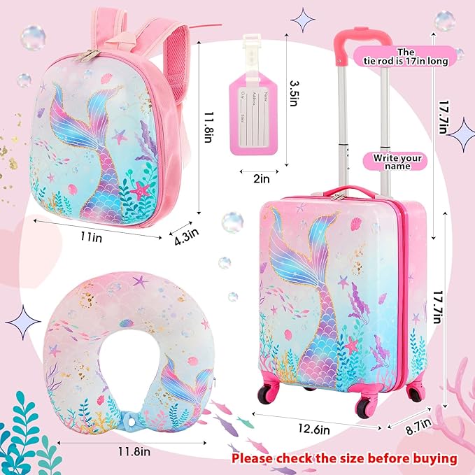 Sanwuta 4 Pcs Kids Luggage Set Rolling Suitcase Backpack U-shaped Pillow Kids Carry On Gift for Summer Travel Family Trip(17 Inch,Mermaid's Tail Style,Blue Purple)