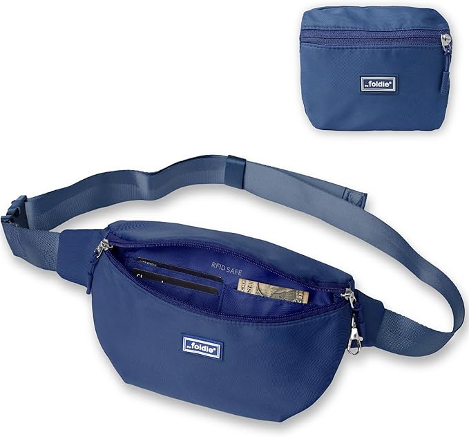 The Foldie Foldable Crossbody Bags for Women & Men - Anti-Theft RFID-Safe Fanny Pack with Smart Lockable Zippers and Cut-Resistant Strap - Lightweight Waist Pack for Travel & Everyday Use - Blue