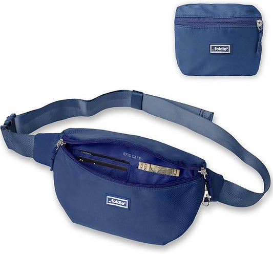The Foldie Foldable Crossbody Bags for Women & Men - Anti-Theft RFID-Safe Fanny Pack with Smart Lockable Zippers and Cut-Resistant Strap - Lightweight Waist Pack for Travel & Everyday Use - Blue