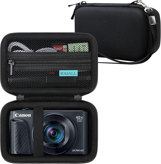 RAIALL Camera Case for Canon PowerShot SX740/ SX730/ SX720/ SX710/ SX620/ SX610 HS Digital Camera, SX740/ SX730 Vlogging Camera Travel Hard Bag, Mesh Pocket for Battery, SD Card and Cable, Black