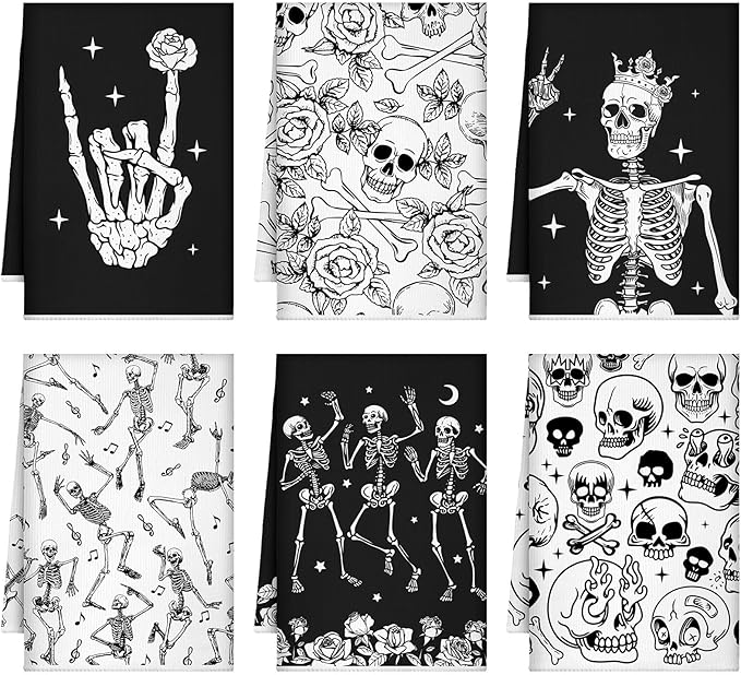 Bencailor 6 Pcs Skull Kitchen Towels Skeleton Dish Hand Towels Funny Skull Rose Tea Washcloth for Bathroom Kitchen Gothic Horror Decor Gifts 24 x 16''