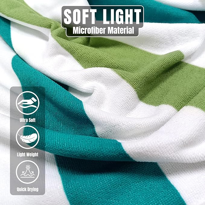 cabanana Large Oversized Beach Towel - Microfiber Sand Free 35 x 70 Inch Quick Dry Lightweight Pool Towel for Adults, Thin Striped Swim Towel (Green)