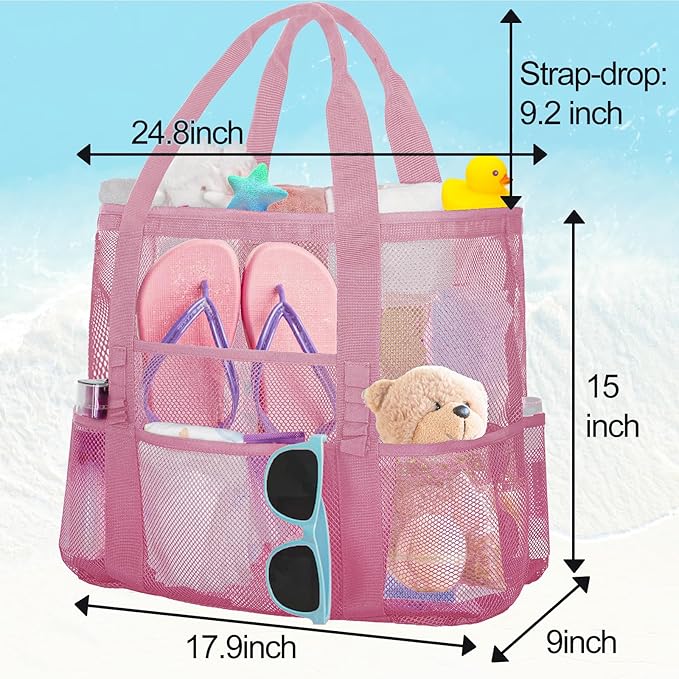 Mesh Beach Bags for Women - Family Beach Tote Bag for Toys, Towels, Travel Vacation Cruise Essentials