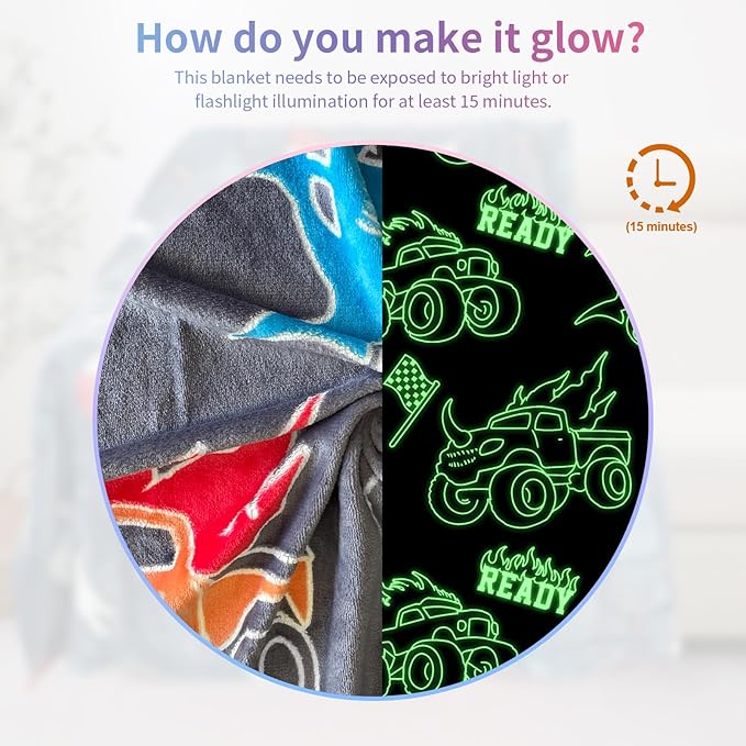 Glow in The Dark Monster Truck Blanket for Boys/Girls/Kids/Toddler/Baby, Monster Truck Toys for Boy Age 3-12, Car Blanket for Birthday/Gifts 40"x 50"