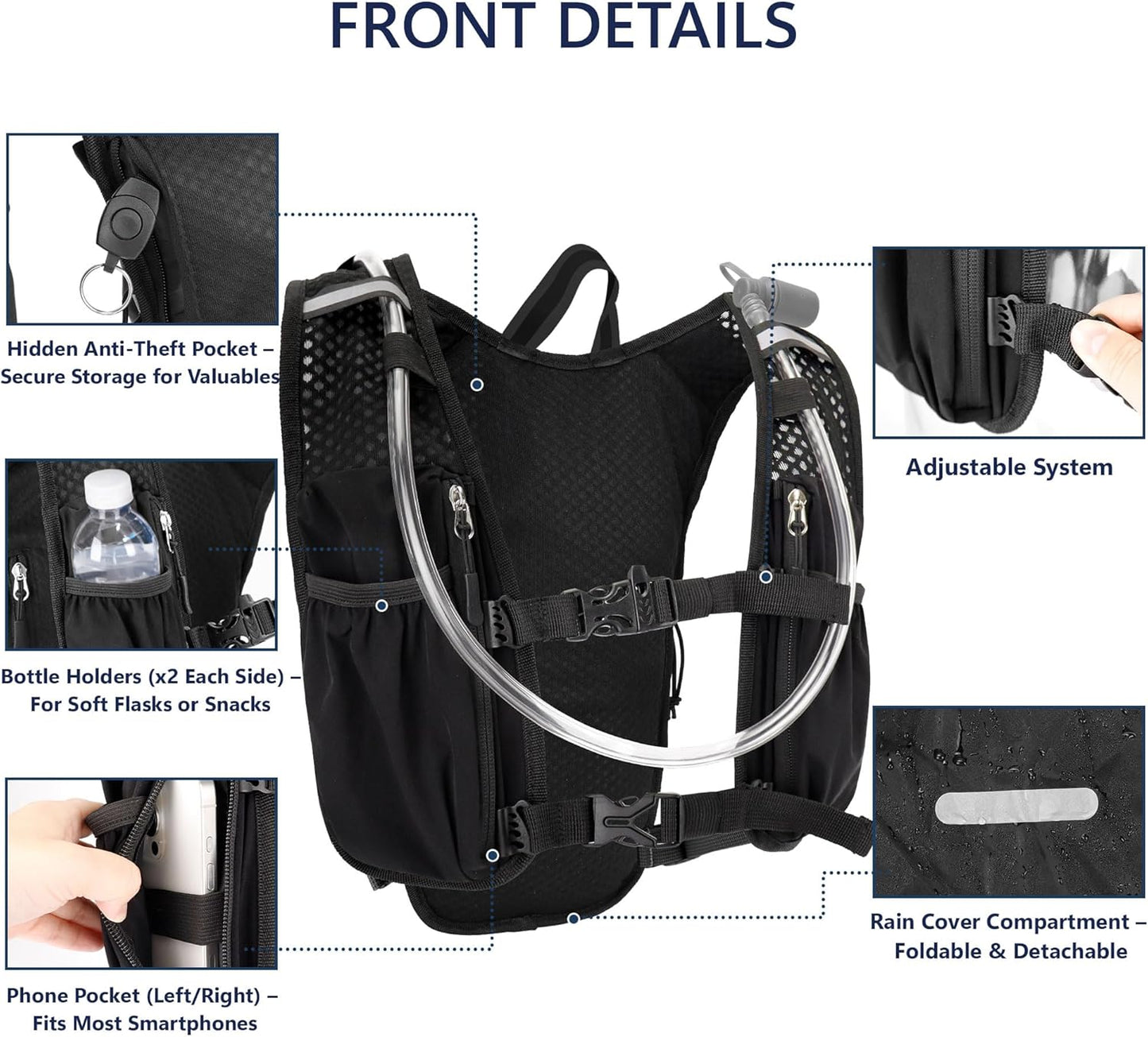 Zavothy Hydration Running Vest for Men & Women – Lightweight 1.5L Hydration Pack with Phone Pockets, Water Bottle Holders, Reflective Strips, Rain Cover – Trail Running, Cycling, Marathon