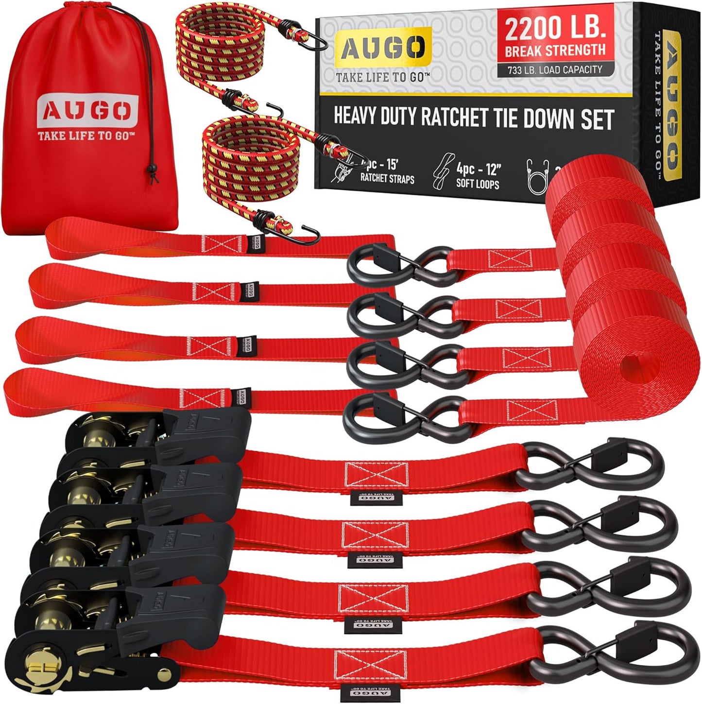AUGO Ratchet Straps Heavy Duty 4 Pack -15 FT - 2200 LB Break Strength – with Safety Lock S Hooks - Cargo Straps for Moving, Appliances, Motorcycle – Soft Loop Tie Downs