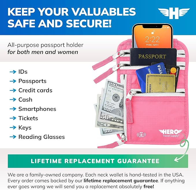 HERO Neck Wallet – RFID Blocking Passport Holder – Easy to Conceal Travel Pouch (Hot Pink)