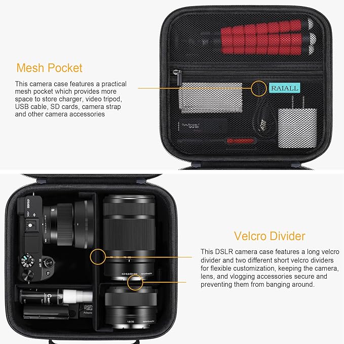 RAIALL Camera Case for Sony Alpha a6000/a6100/a6400/a6600/a6700/ Sony Alpha 7 II III IV/7R V/ZV-E10/ ZV-E10 II Mirrorless Digital Camera and Lens, Hard Travel Bag with a Shoulder Strap, Black