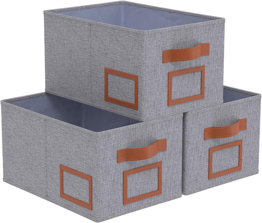 OUTBROS Foldable Storage Box for Shelves, 15 x 10.2 x 7.9 inch Fabric Baskets, Wardrobe Organiser with Handles, Suitable for Storing Clothes, Books, Cosmetics (Gray, 3-Pack)