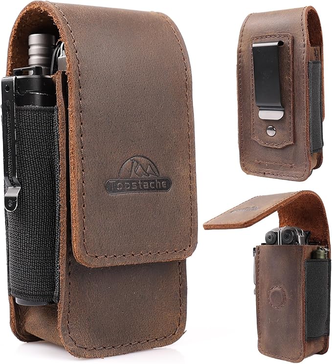 Topstache Multitool Sheath for Men - Belt Leather Multitool Holster - EDC Belt Organizer for Leatherman, Gerber - Magnetic Closure Multitool Pouch Fits Folding Tool, Darkbrown
