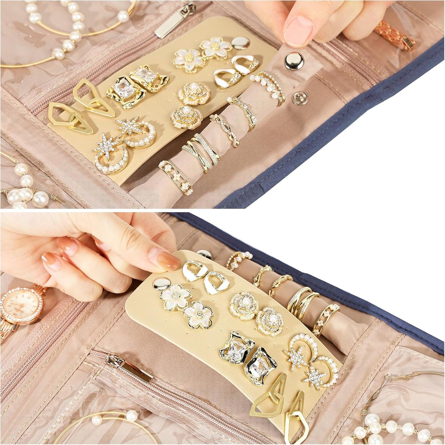 BELALIFE Travel Jewelry Case Organizer, Foldable Storage Roll for Earrings, Necklaces, Rings, Bracelets, Brooches, Blue-Gray