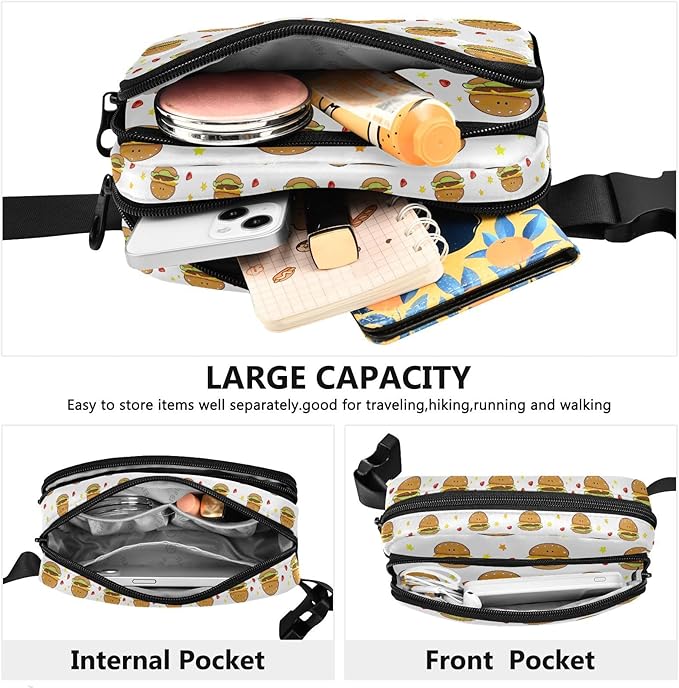 Kawaii Hamburger Fanny Pack for Women Men Water Resistant Fashion Waist Packs with Adjustable Strap Belt Bag for Travel Workout Jogging Hiking 21219482