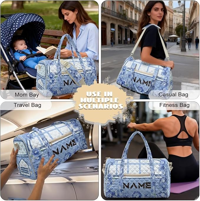 COEQINE Quilted Tote Bag Large Car Travel Suitcase Duffle Bag for Women Large Packable Carry on Weekender Duffel with Trolley Sleeve，Blue Floral