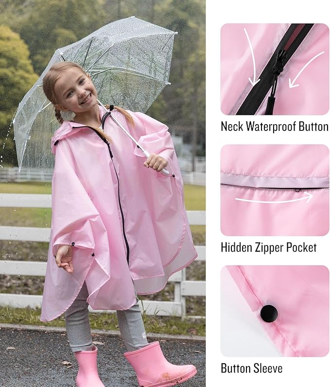 SaphiRose Lightweight Kids Rain Poncho Waterproof Jacket Zipper Up Rain Coat