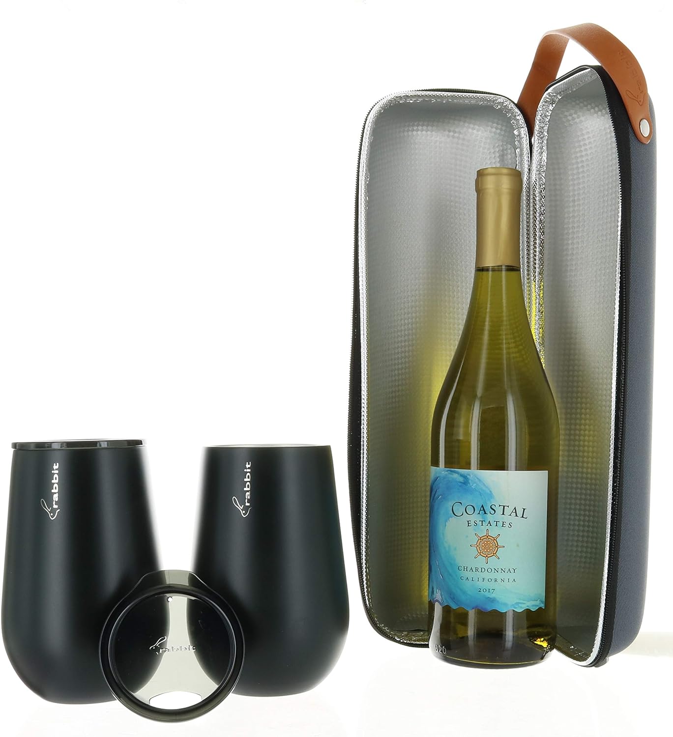 Rabbit Wine to Go - Set of 3 | Wine Bottle Insulation Bag with Handle | Includes 2 Stainless Steel Tumblers with Lids | For On-the-Go Travel such as Picnic, Hiking, and Barbeques