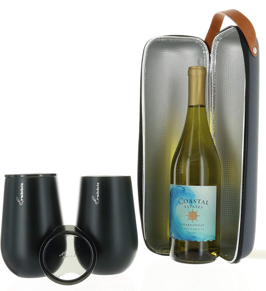 Rabbit Wine to Go - Set of 3 | Wine Bottle Insulation Bag with Handle | Includes 2 Stainless Steel Tumblers with Lids | For On-the-Go Travel such as Picnic, Hiking, and Barbeques