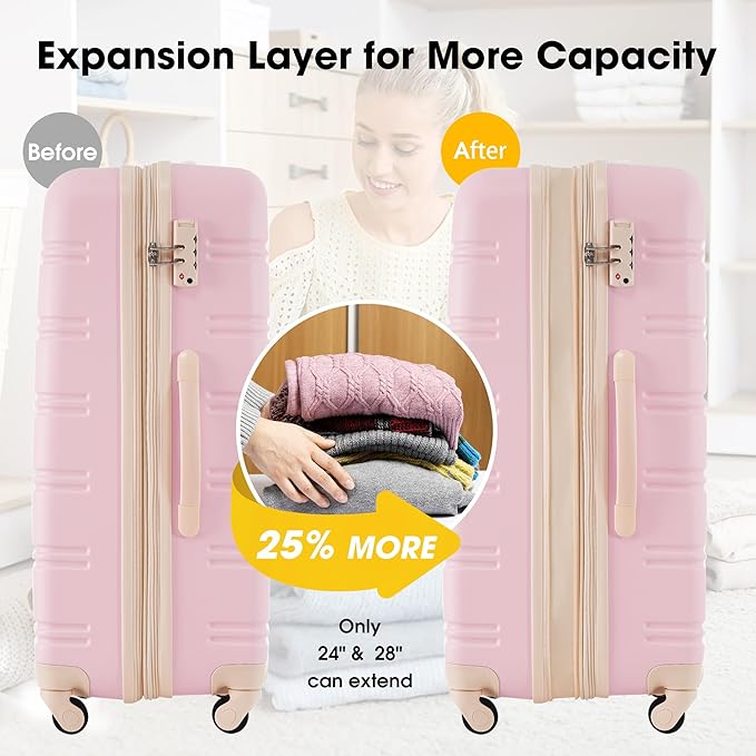 Merax Luggage Sets 2 Piece Expandable Hardside Luggage with Travel Bag Suitcase Set with Spinner Wheels(20+24+bag,Light Pink-1)