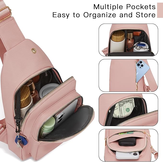 Small RFID Waterproof Travel Crossbody Sling Bags for Women Men, Hands Free Lightweight Sling Backpack Fanny Pack Cross Body Bag for Outdoors Hiking Traveling Fitness Commuting Leisure Pink
