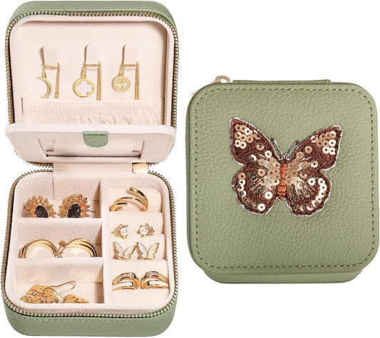 S.Leaf Travel Jewelry Organizer Travel Jewelry Boxes for Women Small Jewelry Travel Case Box Portable Travel Jewelry Case Travel Case Mini Jewelry (03_Lychee_Butterfly_Brown)