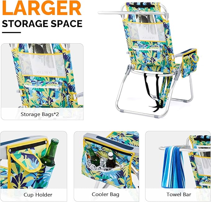 VINGLI Tall Beach Chair 2 Pack Lightweight, Backpack Beach Chair for Adults with 5-Position, Cooler Bag, Cup Holders, Towel Bar, Lightweight Folding Beach Camping Chairs