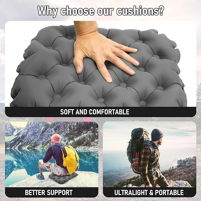 Inflatable Seat Cushion, Lightweight Stadium Seat Pad, Travel Air seat Cushion Anti-Slip for Airplane, Hiking, Climbing, Home and Camping,Gray