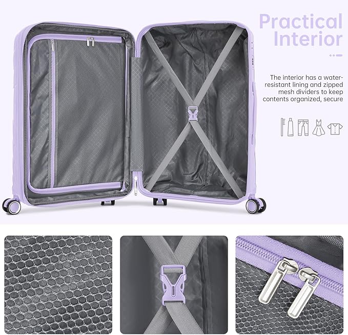 5 Piece Luggage Set Carry on Suitcase with Spinner Wheels, Expandable Hardshell Luggage PP Lightweight Suitcase Set for Women (Lavender)