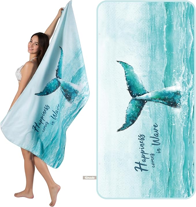 Umade Microfiber Quick Dry Towel, 59" x 29.5" - Compact Lightweight Travel/Backpack/Camping/Yoga Towels with Hanging Loop & Elastic Strap, Whale Tail Design (Aqua Blue)