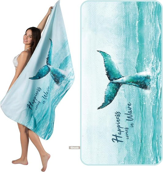 Umade Microfiber Quick Dry Towel, 59" x 29.5" - Compact Lightweight Travel/Backpack/Camping/Yoga Towels with Hanging Loop & Elastic Strap, Whale Tail Design (Aqua Blue)
