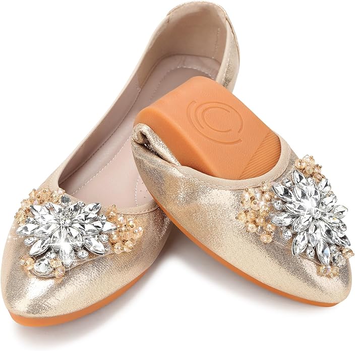 KUNWFNIX Women Ballet Flats Rhinestone Wedding Ballerina Shoes Foldable Sparkly Comfort Slip on Flat Shoes