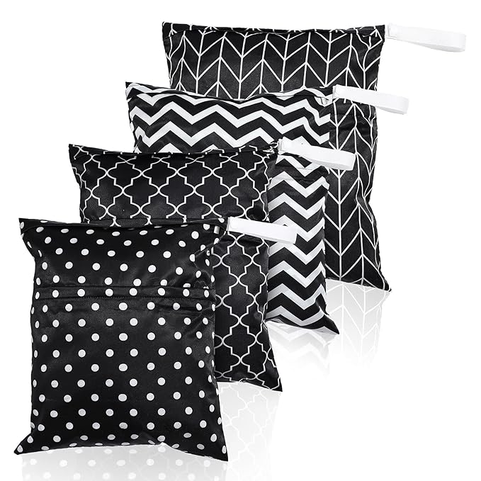 Frienda 4 Pieces Wet Dry Bag for Baby Waterproof Reusable Washable Diaper Bag Sealed with Handle for Travel, Beach, Swimsuit, Diapers, Dirty Gym Clothes and Toiletries (Dark Geometric)