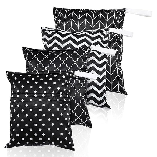Frienda 4 Pieces Wet Dry Bag for Baby Waterproof Reusable Washable Diaper Bag Sealed with Handle for Travel, Beach, Swimsuit, Diapers, Dirty Gym Clothes and Toiletries (Dark Geometric)