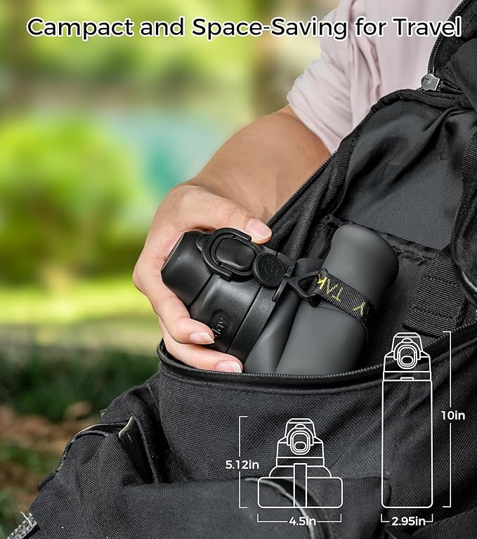 TakeToday Collapsible Water Bottles 20oz (600mL), Foldable Platinum Silicone Travel Water Bottle with Straw & Carry Strap, Leak-Resistant Screw Lid, Wide Mouth, BPA-Free for Hiking, Camping, Travel