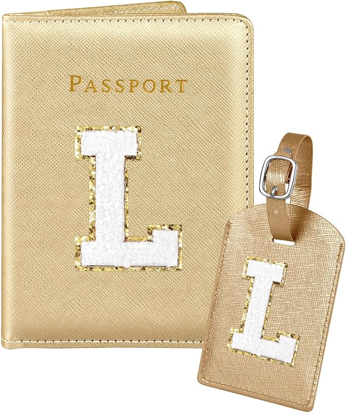 Slohif Passport Holder Initial Lugguage Tag Set Suitcase Cover Wallet Case for Travel Women - Leather Letter Passport Book Personalized Organizer Card Protector Sleeve Essentials Slim Carrier Gold L