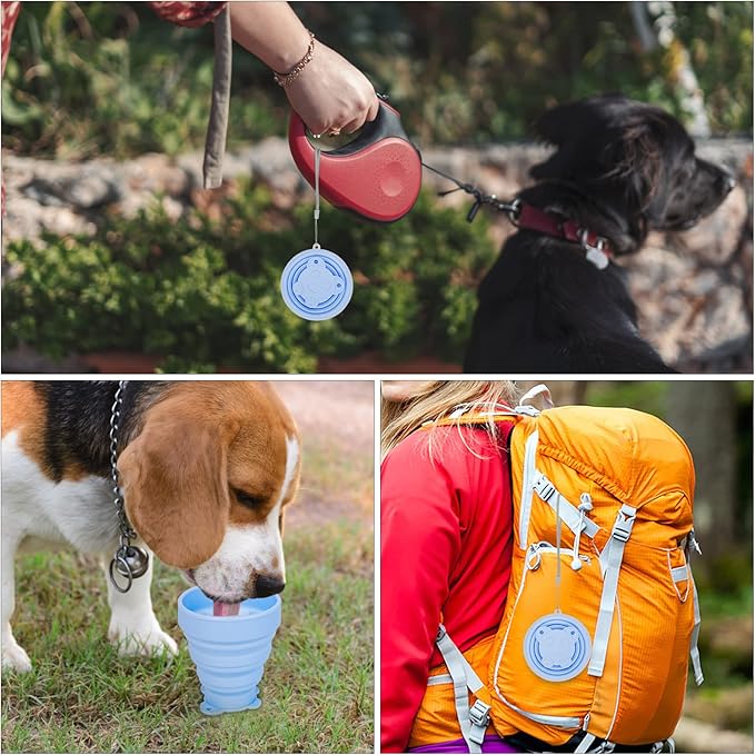Reusable Foldable Silicone Water Cup, Portable Picnic Snacks Cup, Pocket Size Travel Cup Extensible, Collapsible Cups with Lid for Camping, Travel (Blue with Rope)