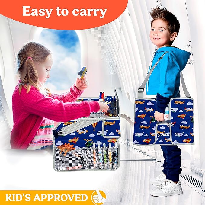PILLANI Kids Travel Tray for Car - Toddler Airplane Travel Essentials w/ Activity Sheets, Pens & Dry Erase Board - Kids Travel - Must Have Toddler Lap Desk Organizer for Airplane - Travel Accessories