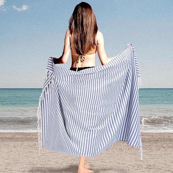 Turkish Striped Beach Towels Bulk Oversized 39"x71" Large Bath and Pool Set Quick Dry Lightweight Travel Towel for Adult,100% Cotton TEBT-18-1navy